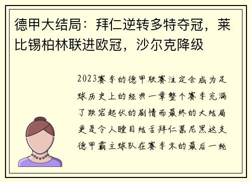 德甲大结局：拜仁逆转多特夺冠，莱比锡柏林联进欧冠，沙尔克降级