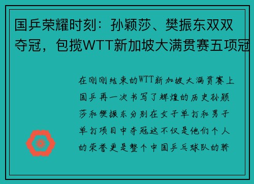 国乒荣耀时刻：孙颖莎、樊振东双双夺冠，包揽WTT新加坡大满贯赛五项冠军