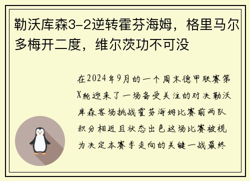 勒沃库森3-2逆转霍芬海姆，格里马尔多梅开二度，维尔茨功不可没