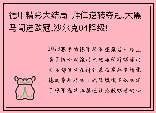 德甲精彩大结局_拜仁逆转夺冠,大黑马闯进欧冠,沙尔克04降级!